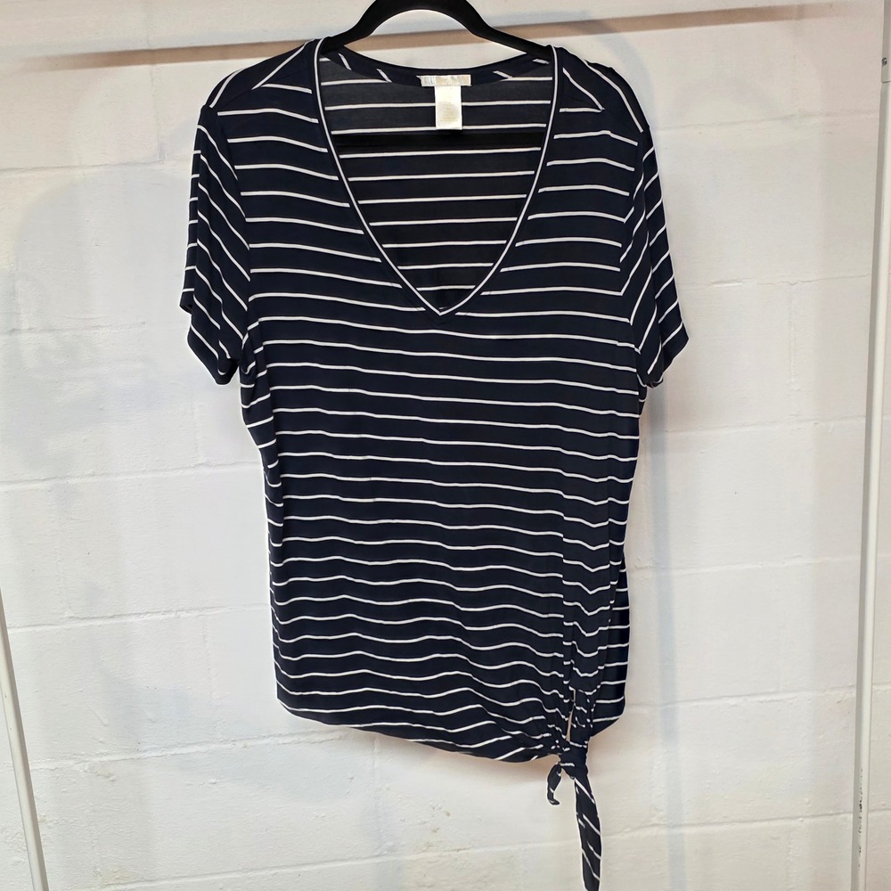 Matty M Womens XL Navy Blue White Striped V-Neck Side Tie Knot Short Sleeve Top